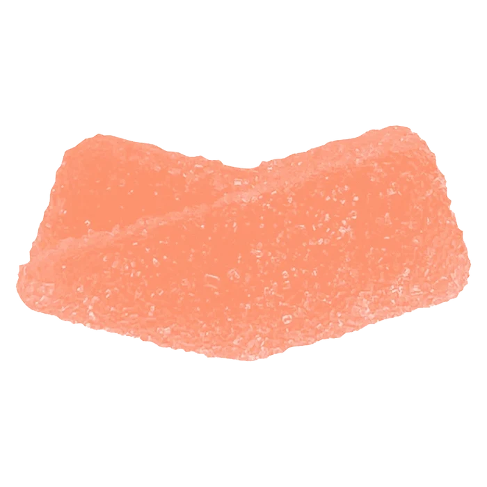 Close-up of a single sugar-coated peach gummy, an orange crescent photographed on white, labeled "Peach THC Gummies."