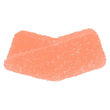 Close-up of a single sugar-coated peach gummy, an orange crescent photographed on white, labeled "Peach THC Gummies."