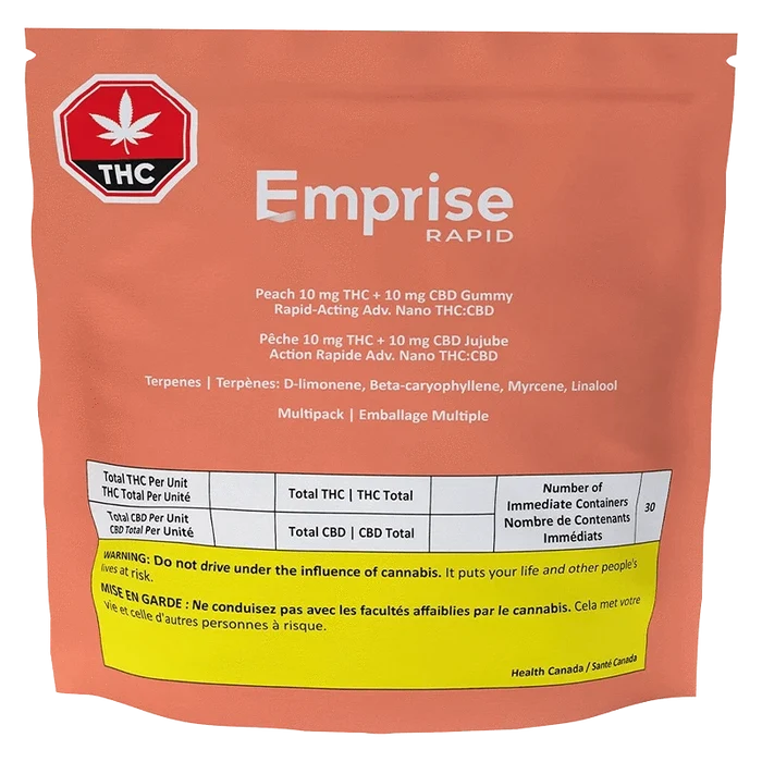 Front-facing shot of the peach-colored pouch labeled Emprise Rapid Peach THC Gummies with white text and a yellow warning panel.