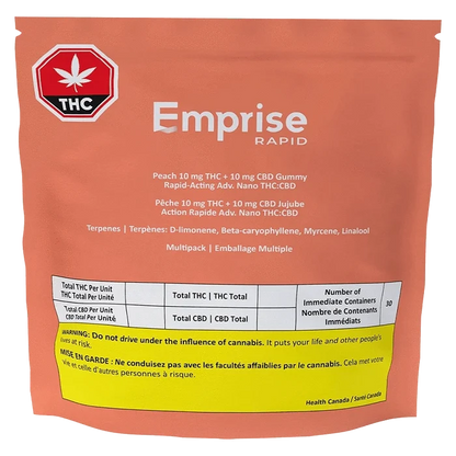 Front-facing shot of the peach-colored pouch labeled Emprise Rapid Peach THC Gummies with white text and a yellow warning panel.