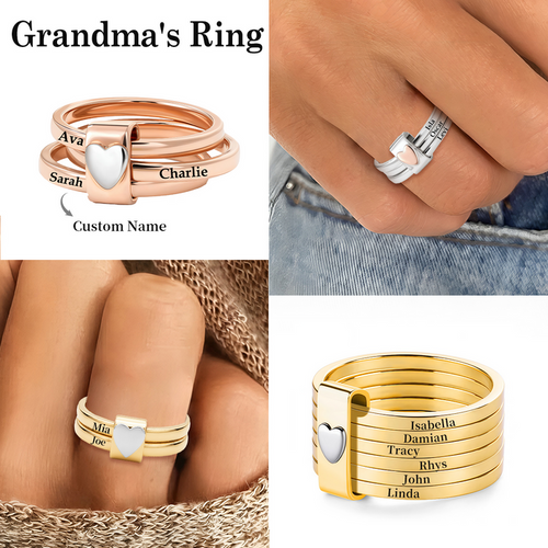 Personalized Name Stacking Rings - Engraved 2-7 Bands With Heart Accent