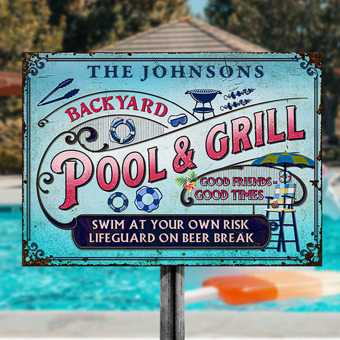 Personalized Pool Grilling Backyard At Your Own Risk Pink Blue Custom Classic Metal Signs