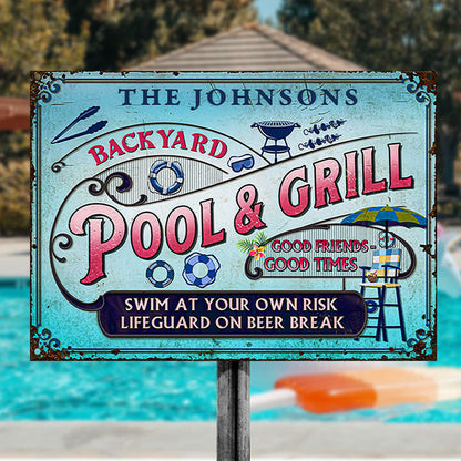 Personalized Pool Grilling Backyard At Your Own Risk Pink Blue Custom Classic Metal Signs