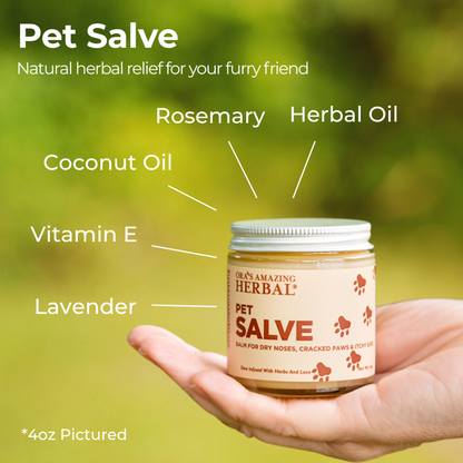 Pet Salve 4oz Lifestyle Outdoor Ingredient Infographic in Human Hand