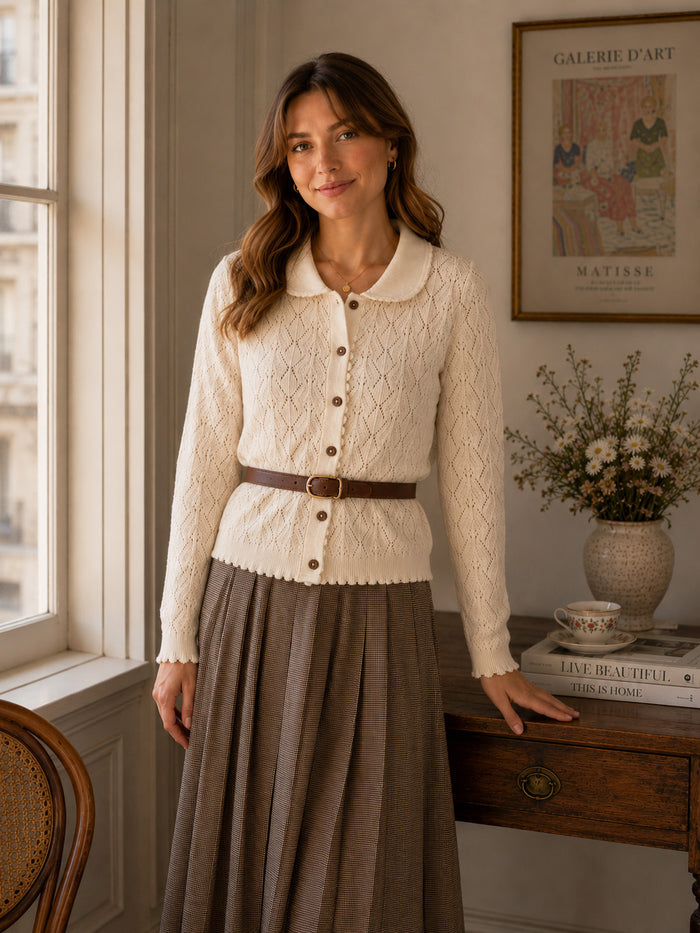 Woman Wearing Phoebe Pointelle Knit Women's Cardigan, Organic Cotton