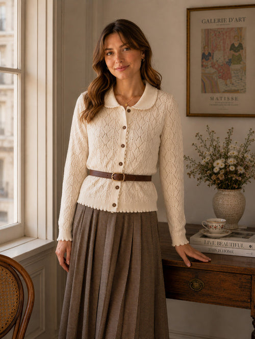 Woman Wearing Phoebe Pointelle Knit Women's Cardigan, Organic Cotton