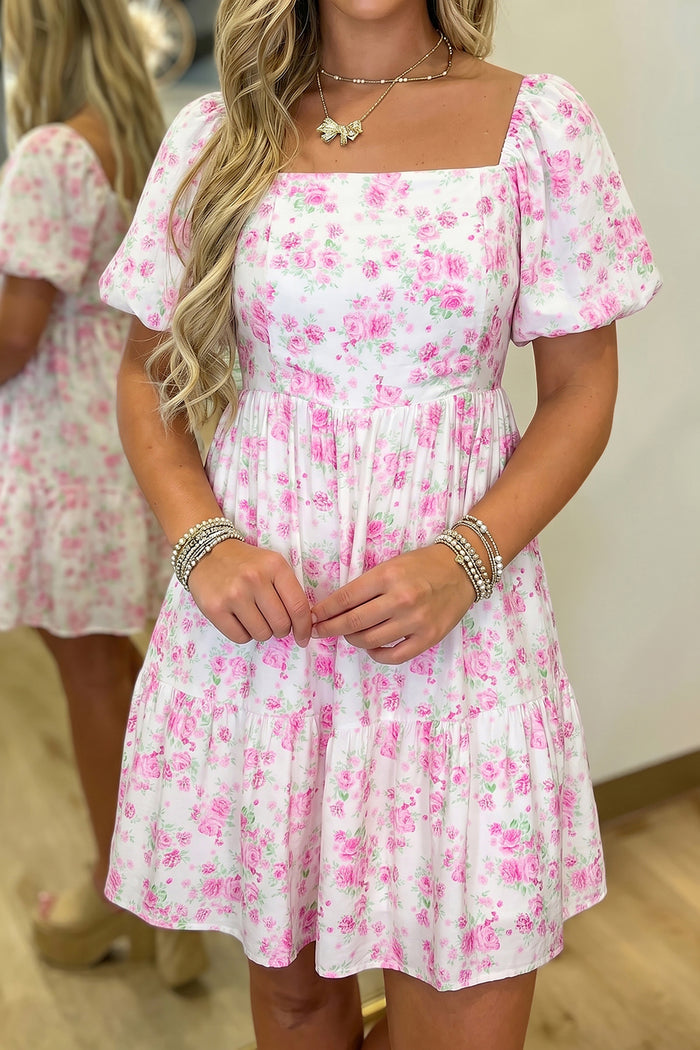 Pink Floral Print Square Neck Ribbon Knot Back Cute Mini Dress 🇺🇸