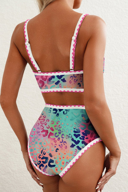 Pink Leopard Ricrac Trim Square Neck High Waist Bikini 🇺🇸