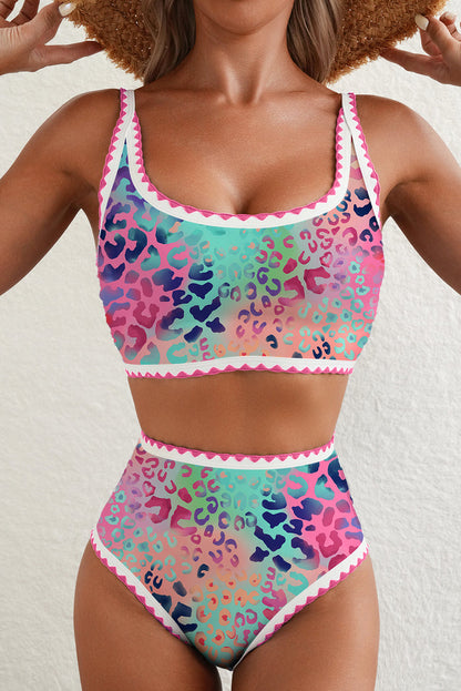 Pink Leopard Ricrac Trim Square Neck High Waist Bikini 🇺🇸