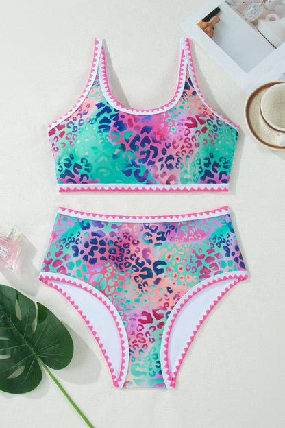Pink Leopard Ricrac Trim Square Neck High Waist Bikini 🇺🇸