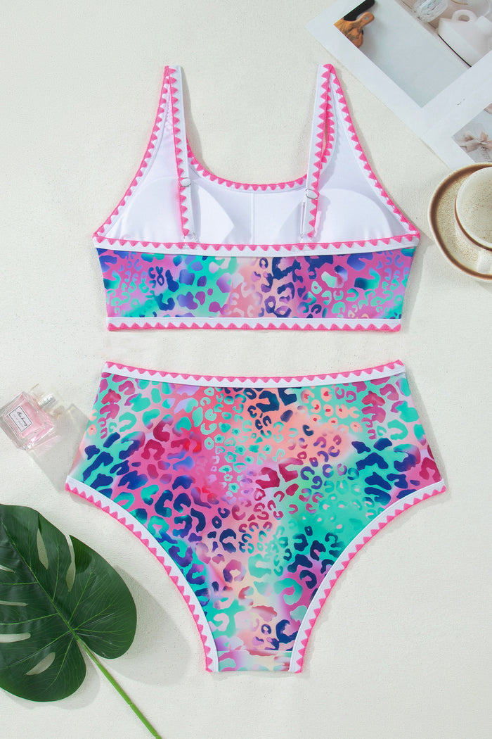 Pink Leopard Ricrac Trim Square Neck High Waist Bikini 🇺🇸