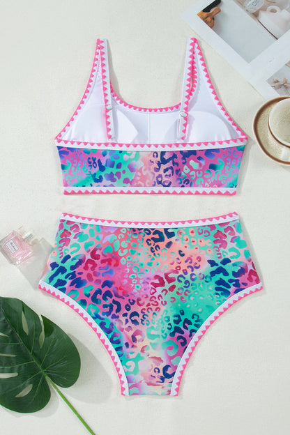 Pink Leopard Ricrac Trim Square Neck High Waist Bikini 🇺🇸