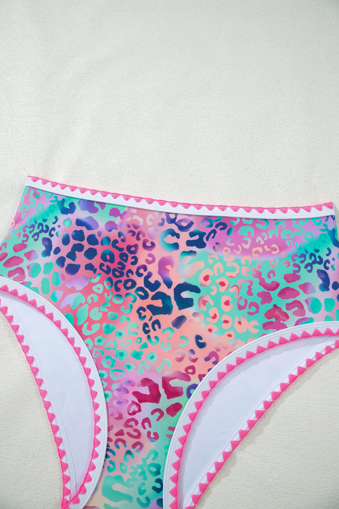 Pink Leopard Ricrac Trim Square Neck High Waist Bikini 🇺🇸