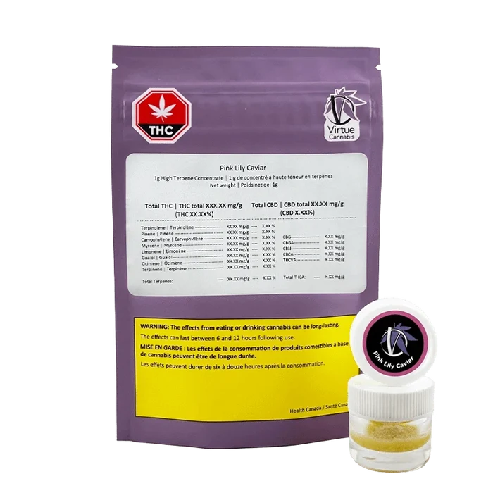 Front view of a purple pouch and small clear jar labeled Pink Lily Caviar, the pouch showing a white analysis panel and warning box.