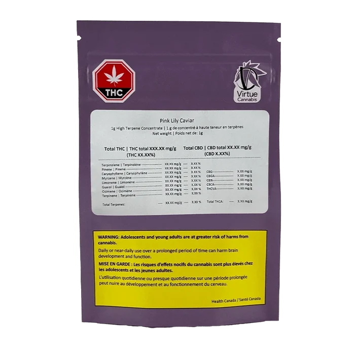 Rear view of the purple Pink Lily Caviar pouch showing a white product label, THC symbol, Virtue Cannabis logo, and a yellow health warning block.