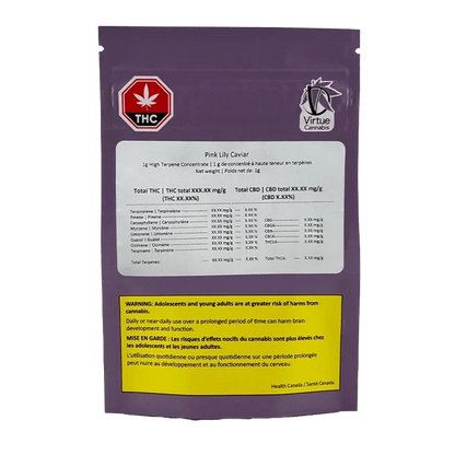 Rear view of the purple Pink Lily Caviar pouch showing a white product label, THC symbol, Virtue Cannabis logo, and a yellow health warning block.