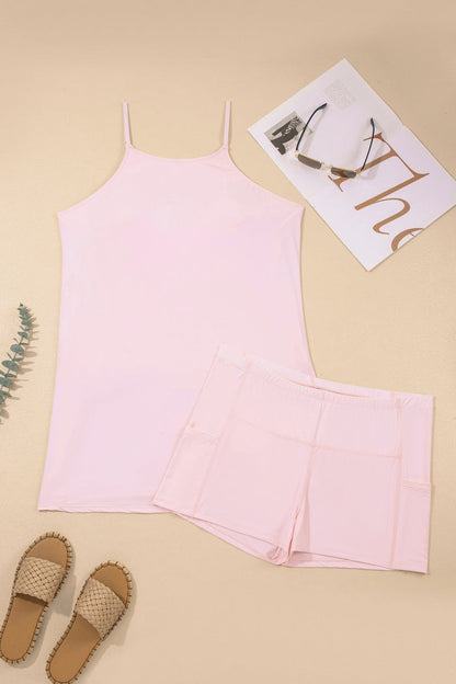 Pink Plus Size Build-in Shorts Sleeveless Dress With Short Two Piece Set 🇺🇸