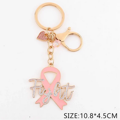 Pink Ribbon Breast Cancer Awareness Keychain with Rhinestone "Fight" Script, Heart Charm & Lobster Clasp – Wholesale Pack (QE3283)
