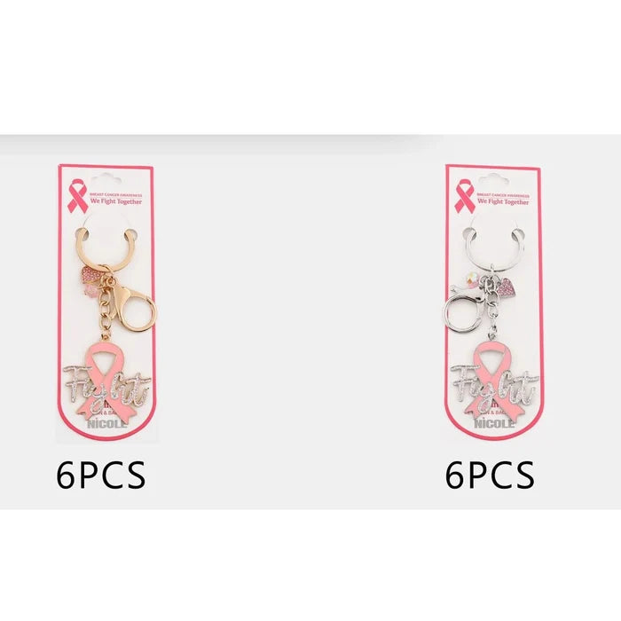 Pink Ribbon Breast Cancer Awareness Keychain with Rhinestone "Fight" Script, Heart Charm & Lobster Clasp – Wholesale Pack (QE3283)