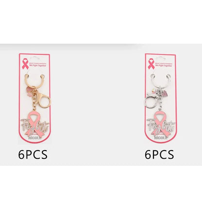 Pink Ribbon Breast Cancer Awareness Keychain with Rhinestone "Fight" Script, Heart Charm & Lobster Clasp – Wholesale Pack (QE3283)