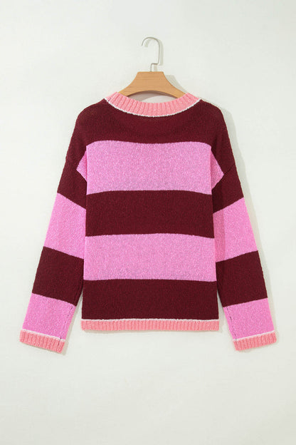 Pink Stripe Striped Drop Shoulder Long Sleeve Pullover Regular Fit Knit Sweater 🇺🇸