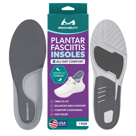 The BraceAbility Plantar Fasciitis insoles provide all day comfort with balanced arch support