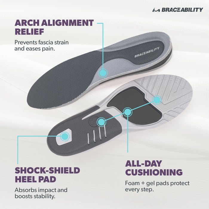 Our orthotic shoe inserts for women and men provide proper arch alignment as well as a shock absorbing heel pad for stability.