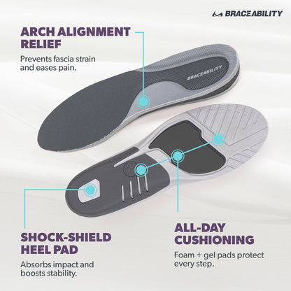 Our orthotic shoe inserts for women and men provide proper arch alignment as well as a shock absorbing heel pad for stability.