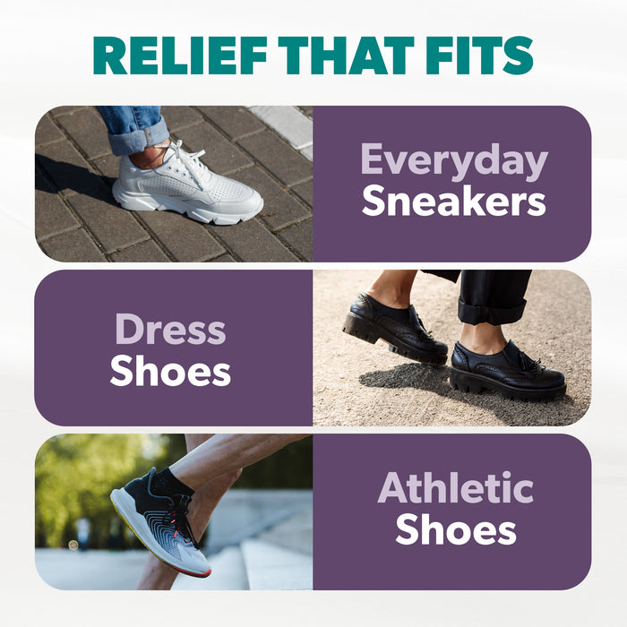 our plantar fasciitis supports are perfect to get relief in tennis shoes, sneakers, dress shoes, and athletic shoes.