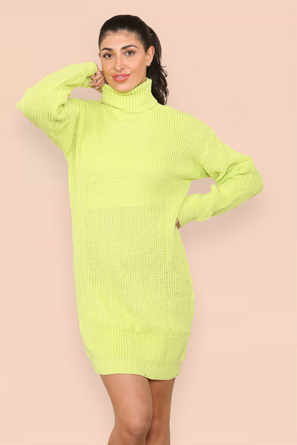 Polo Roll Neck Over Sized Ribbed Knitted Florescent Chunky Sweater Jumper Dress 🇬🇧