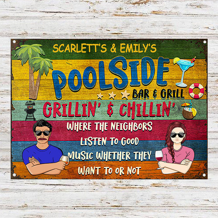 Poolside Bar & Grill Summer - Gift For Couples - Personalized Custom Classic Metal Signs