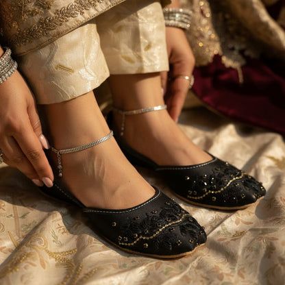 Fancy purple khussa with golden metallic embroidery and bead work