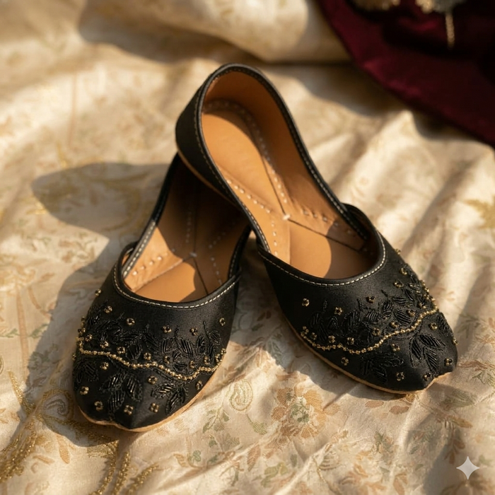 Premium Fancy Khussa Elegant Metallic Embroidery & Bead Work (Purple, Black, Gold)