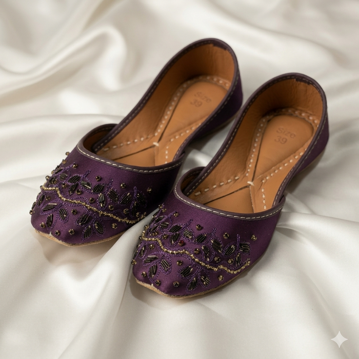 Premium Fancy Khussa Elegant Metallic Embroidery & Bead Work (Purple, Black, Gold)