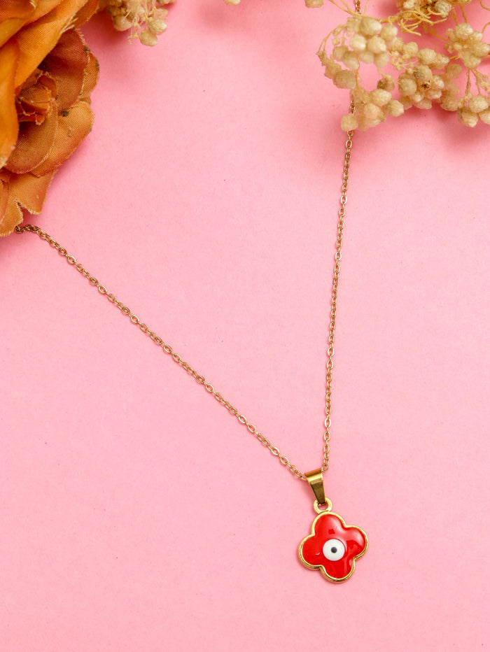 Gold-tone chain necklace with red clover evil-eye pendant