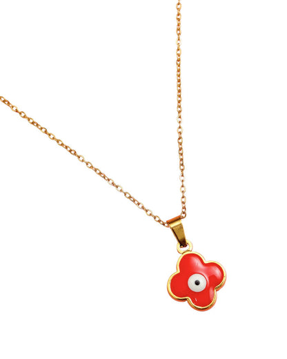 Gold-tone chain necklace with red clover evil-eye charm pendant