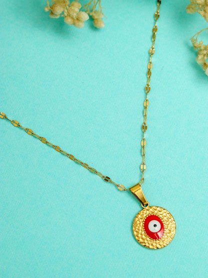 Gold-tone evil eye pendant necklace with circular red eye charm and link chain