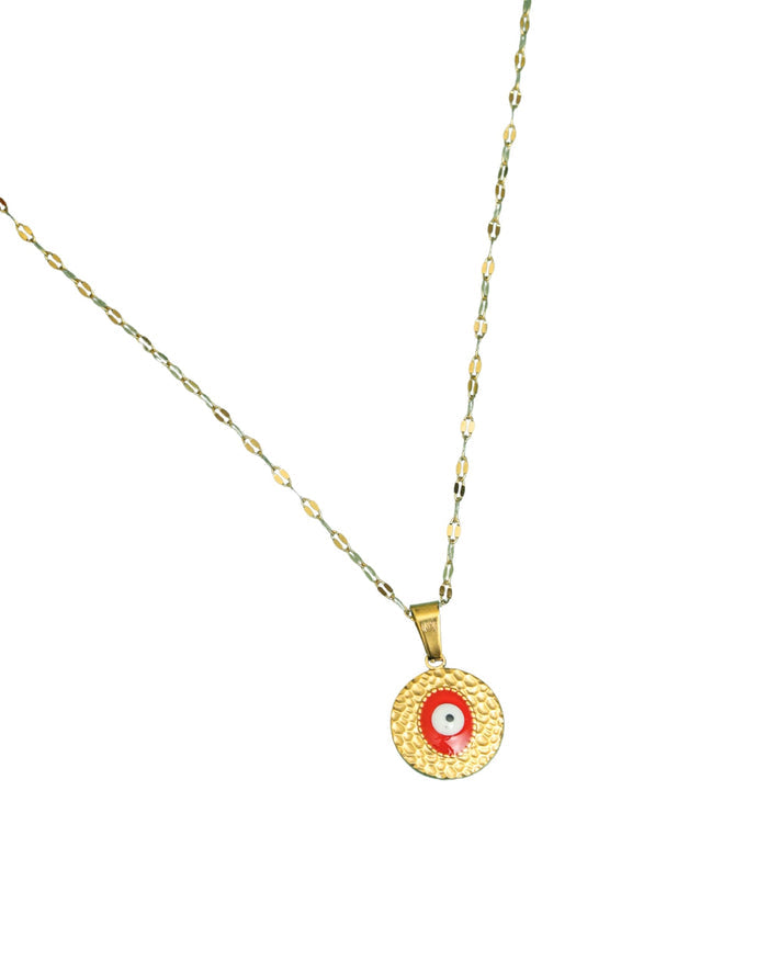 Gold-tone evil eye pendant necklace with circular red eye pendant on long chain