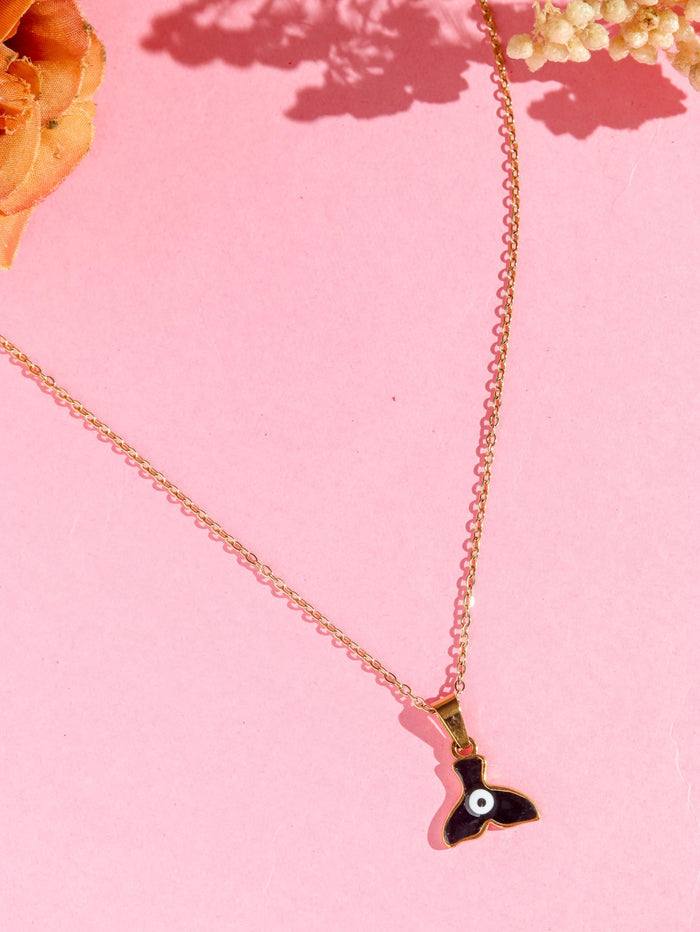 Stainless steel evil eye necklace with gold chain and black fin-shaped charm