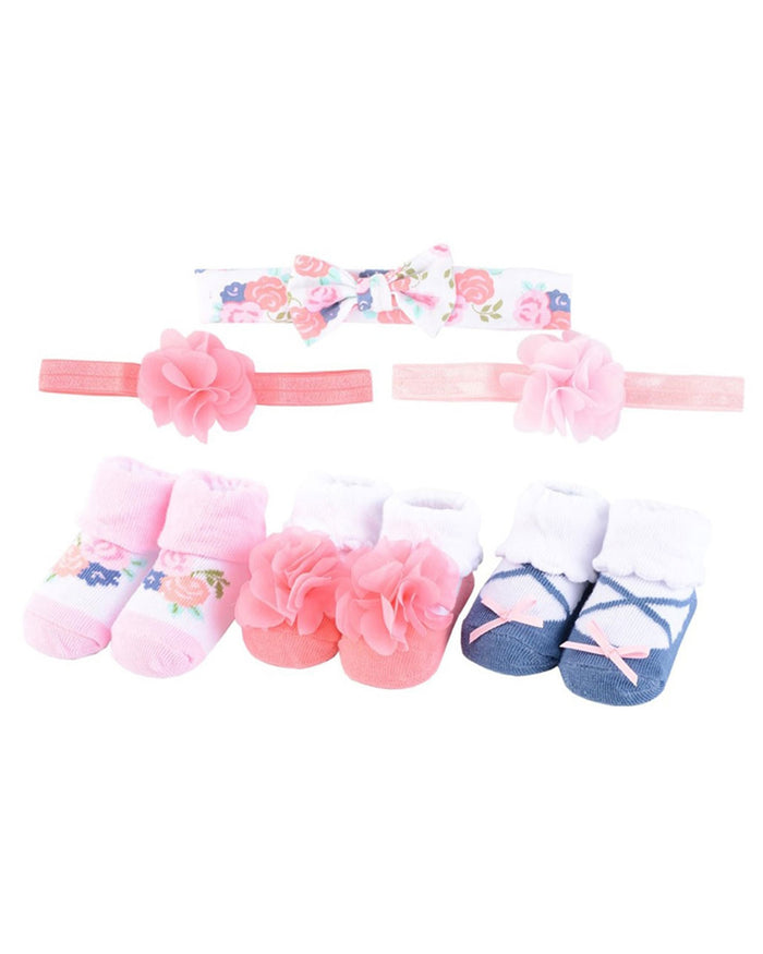 Baby girl ballet headband with pink flowers and floral socks set, 6-piece