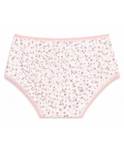 Girls' cute cut underwear brief, white with pink floral print and pink trim