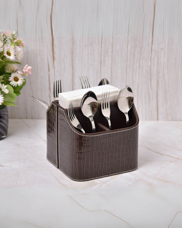 Leatherette cutlery holder, dark brown croc-texture, with five sections for utensils