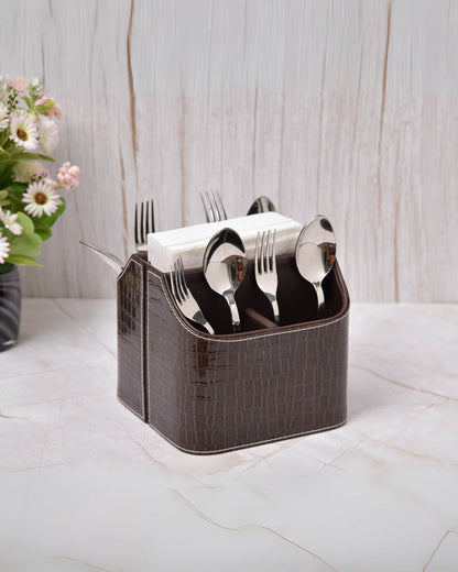 Leatherette cutlery holder, dark brown croc-texture, with five sections for utensils