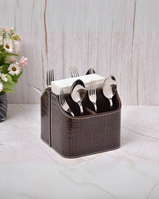 Leatherette cutlery holder, dark brown croc-texture, with five sections for utensils