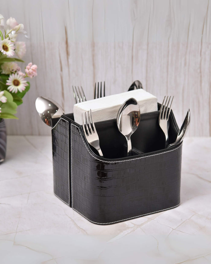 Premsons leatherette cutlery holder, black croc-texture, multi-section slots for utensils