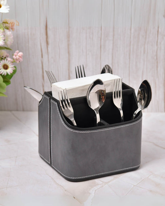 Grey and black leatherette 5-section cutlery holder with utensil slots