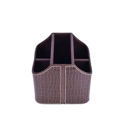 Leatherette cutlery holder in dark brown croc-texture, 5-compartment divider
