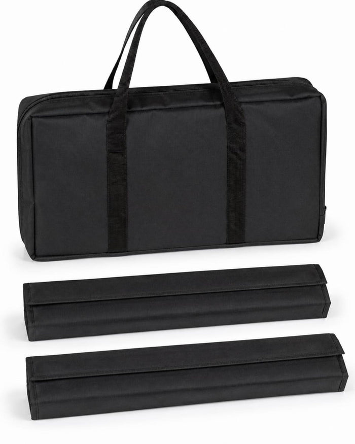 Black mahjong carry bag with two long tile rack case sleeves, top handle