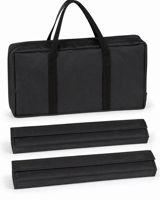 Black mahjong carry bag with two long tile rack case sleeves, top handle