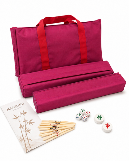 Red mahjong carry bag with two tile-and-rack cases and mahjong tiles